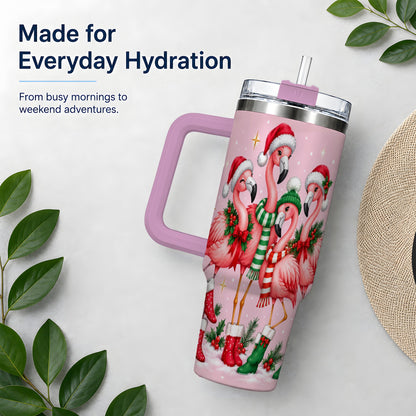 #pl[40oz|Pink] Christmas Flamingo 40oz Tumbler, Winter Pink Bird Artwork