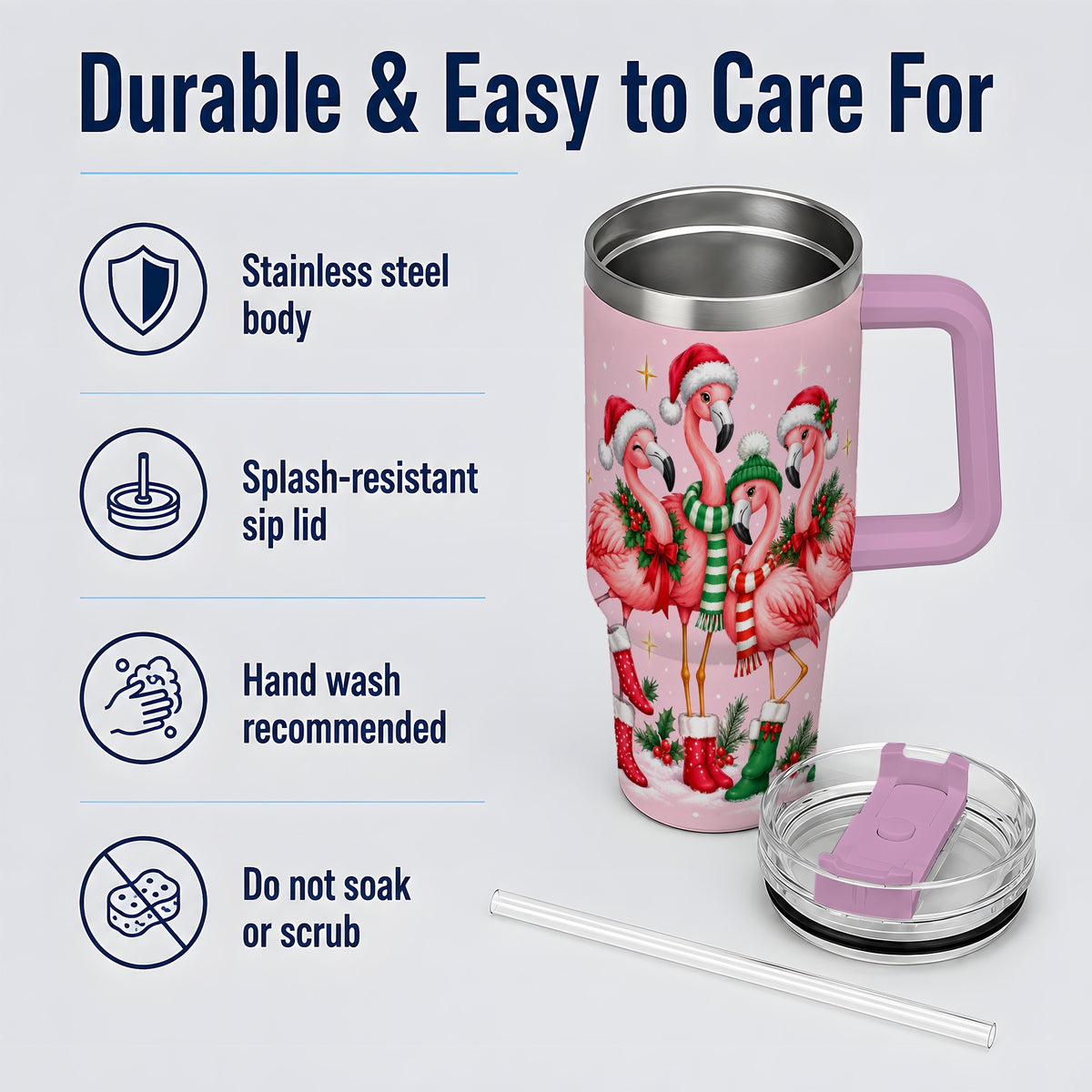 #pl[40oz|Pink] Christmas Flamingo 40oz Tumbler, Winter Pink Bird Artwork