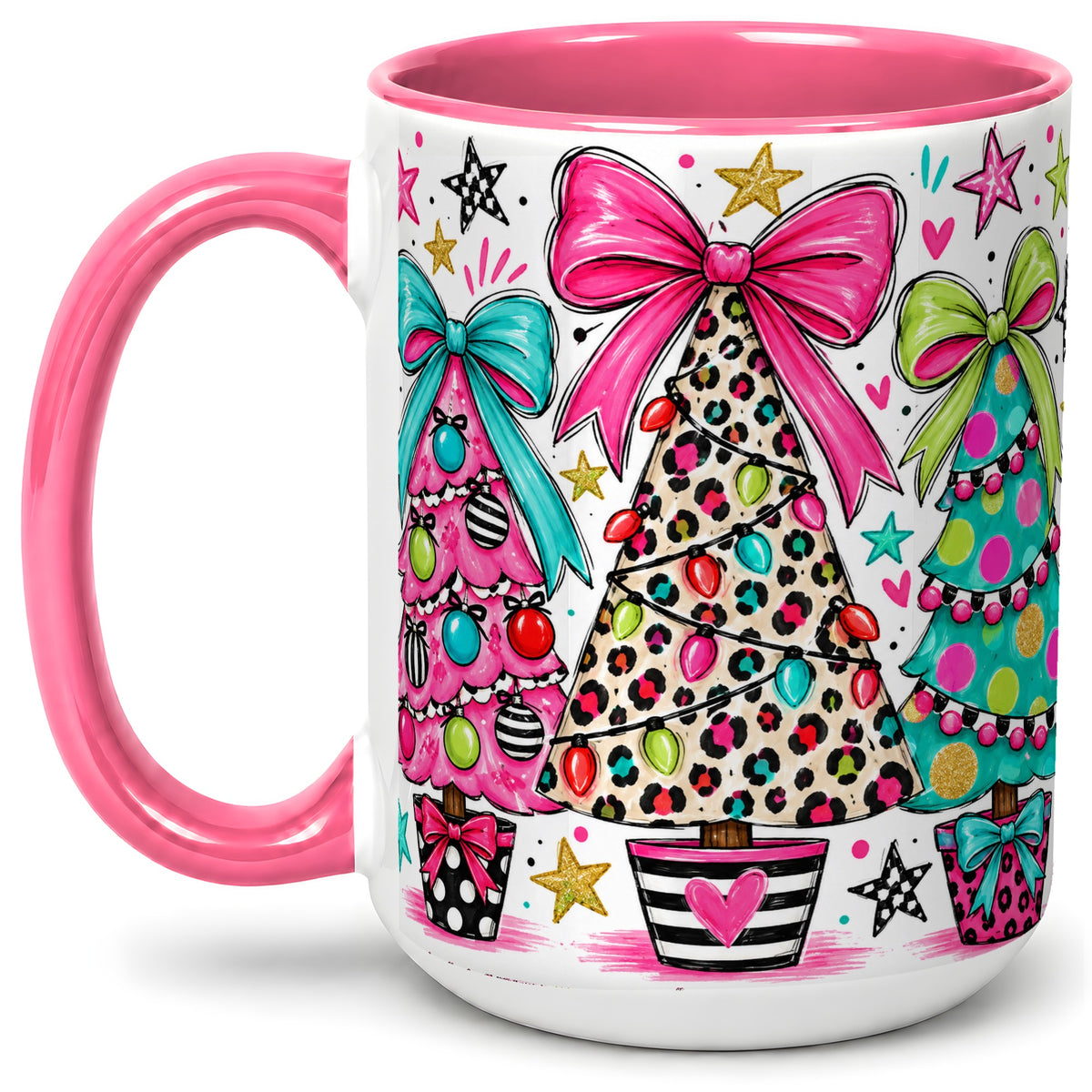 #pl[15oz|Pink] Funky Christmas Trees Accent Mug, Ceramic Coffee Cup