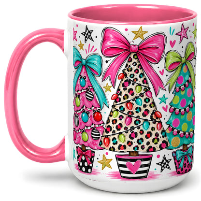 #pl[15oz|Pink] Funky Christmas Trees Accent Mug, Ceramic Coffee Cup