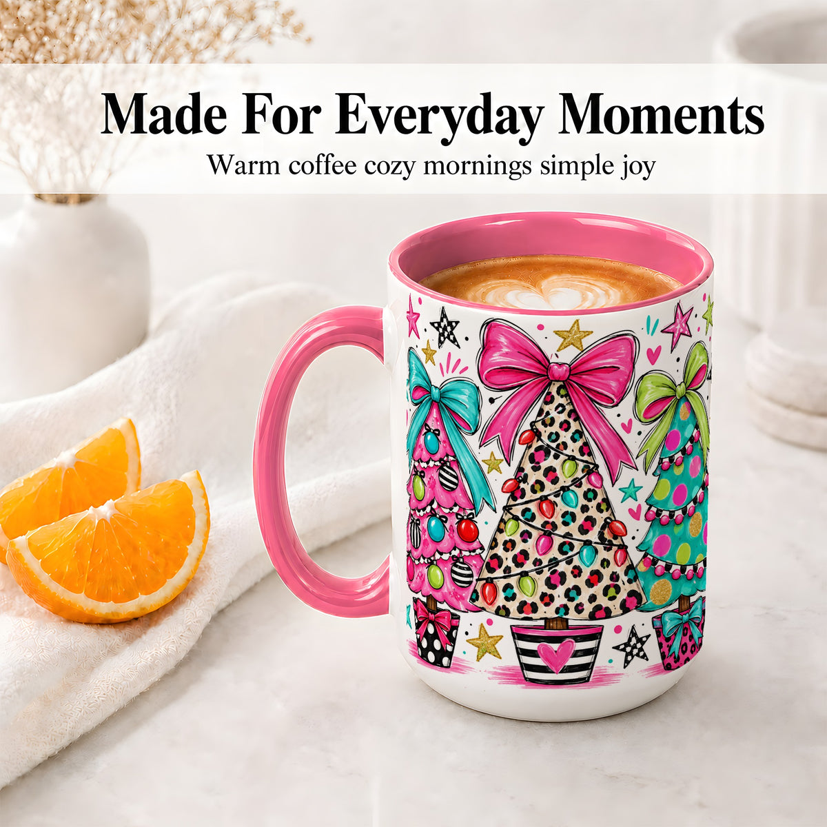 #pl[15oz|Pink] Funky Christmas Trees Accent Mug, Ceramic Coffee Cup