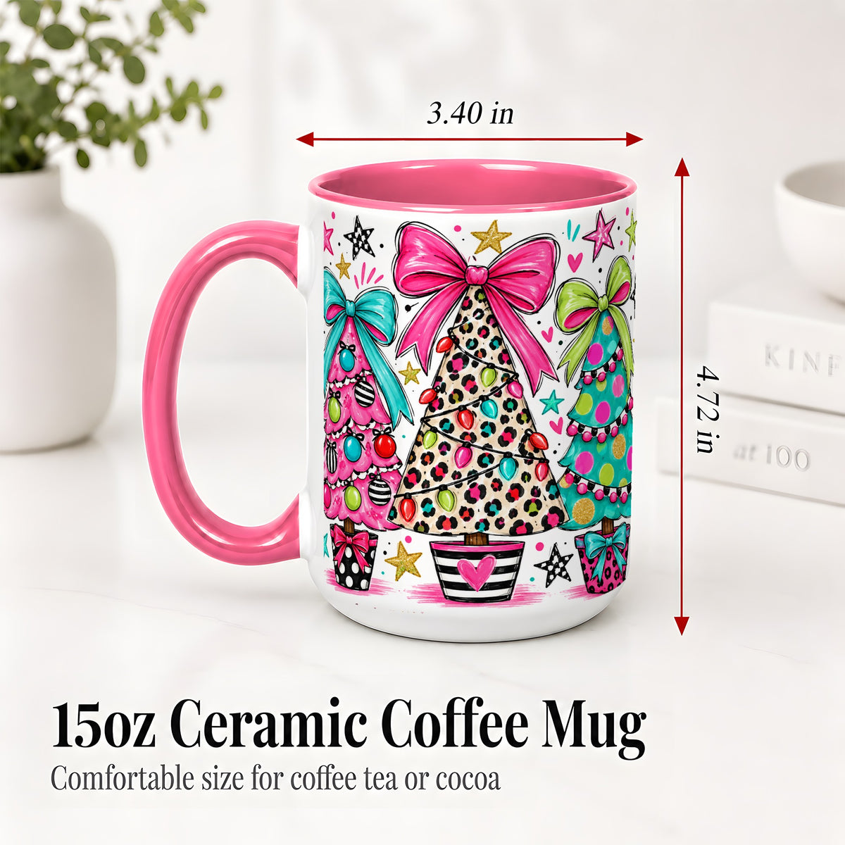 #pl[15oz|Pink] Funky Christmas Trees Accent Mug, Ceramic Coffee Cup