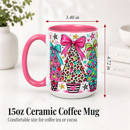 #pl[15oz|Pink] Funky Christmas Trees Accent Mug, Ceramic Coffee Cup