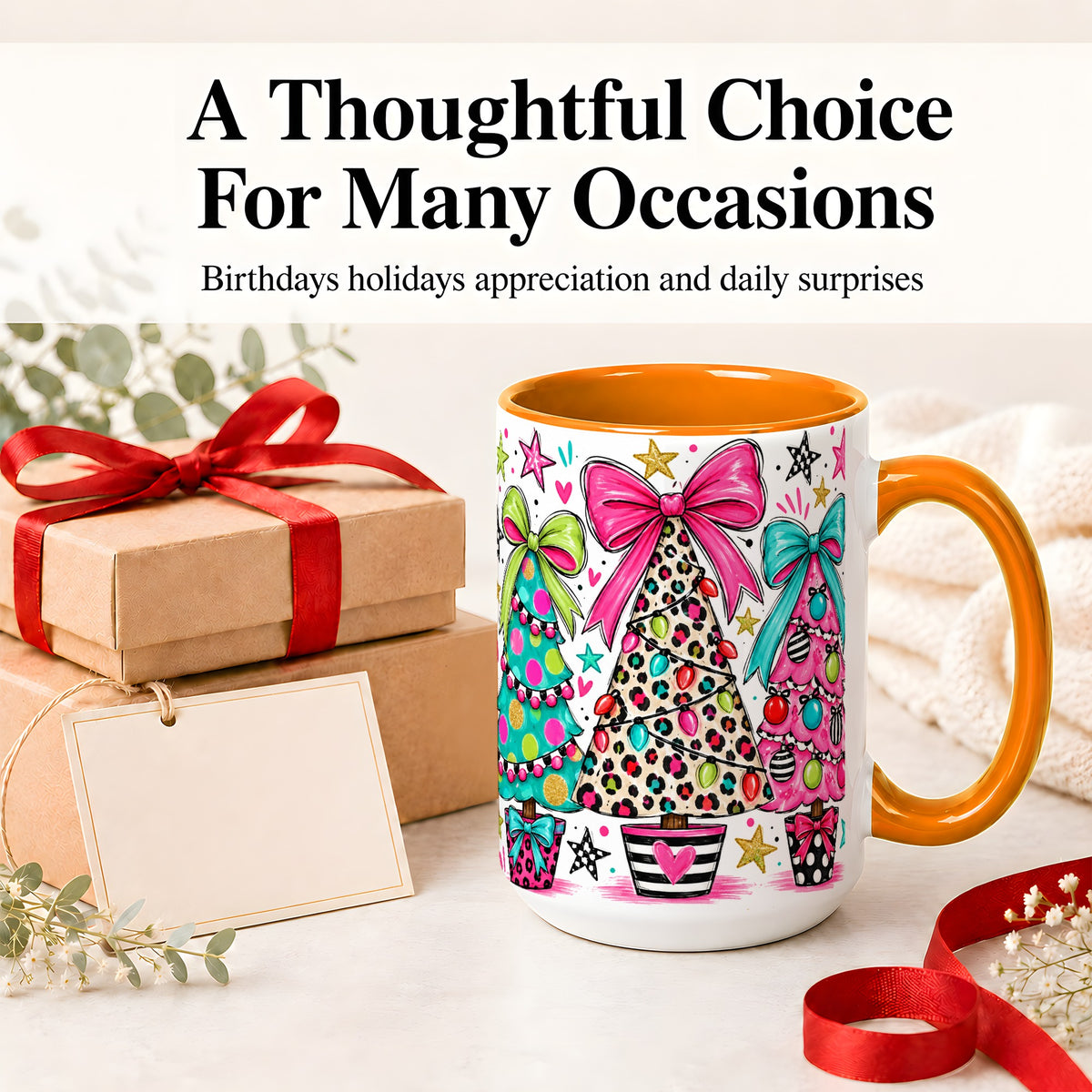 #pl[15oz|Orange] Funky Christmas Trees Accent Mug, Ceramic Coffee Cup