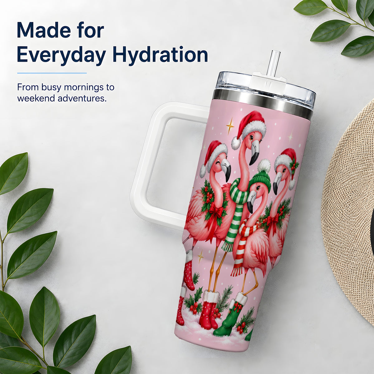 #pl[40oz|White] Christmas Flamingo 40oz Tumbler, Winter Pink Bird Artwork