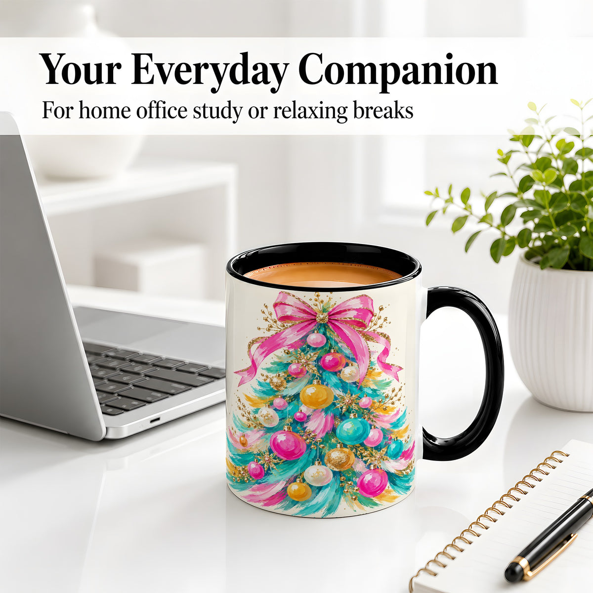 #pl[11oz|Black] Pink Bow Christmas Tree Ceramic Mug, Colorful Holiday Artwork