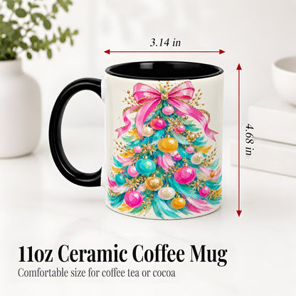 #pl[11oz|Black] Pink Bow Christmas Tree Ceramic Mug, Colorful Holiday Artwork