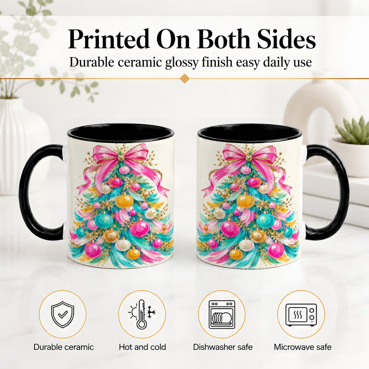 #pl[11oz|Black] Pink Bow Christmas Tree Ceramic Mug, Colorful Holiday Artwork