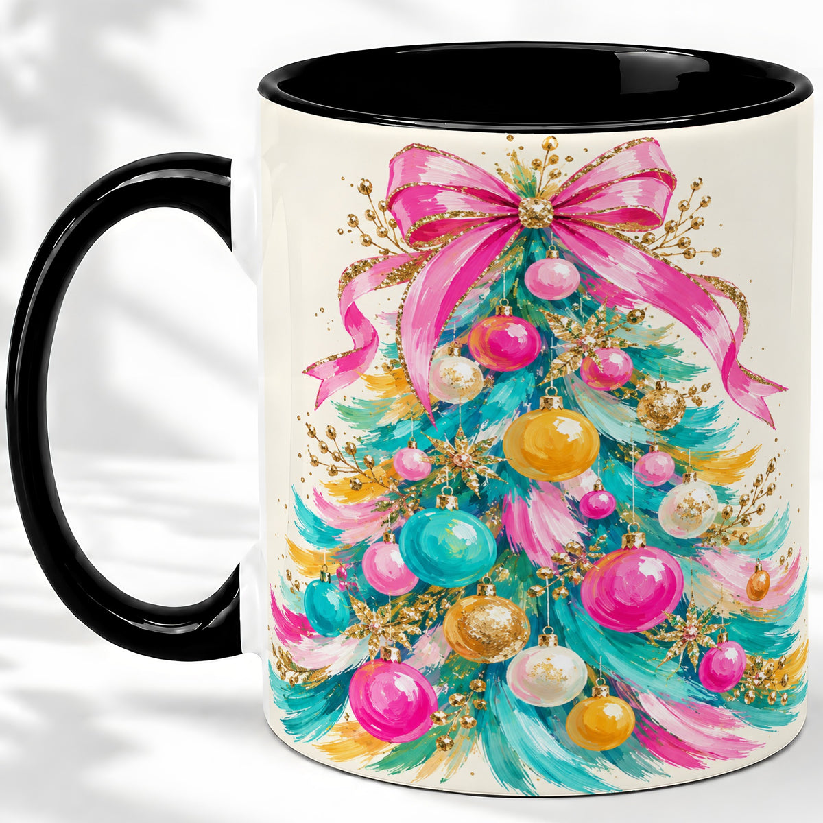 #pl[11oz|Black] Pink Bow Christmas Tree Ceramic Mug, Colorful Holiday Artwork