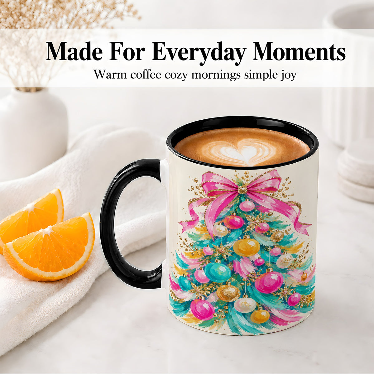 #pl[11oz|Black] Pink Bow Christmas Tree Ceramic Mug, Colorful Holiday Artwork