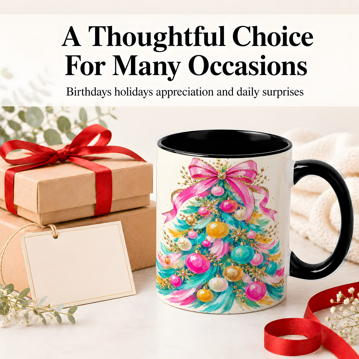 #pl[11oz|Black] Pink Bow Christmas Tree Ceramic Mug, Colorful Holiday Artwork