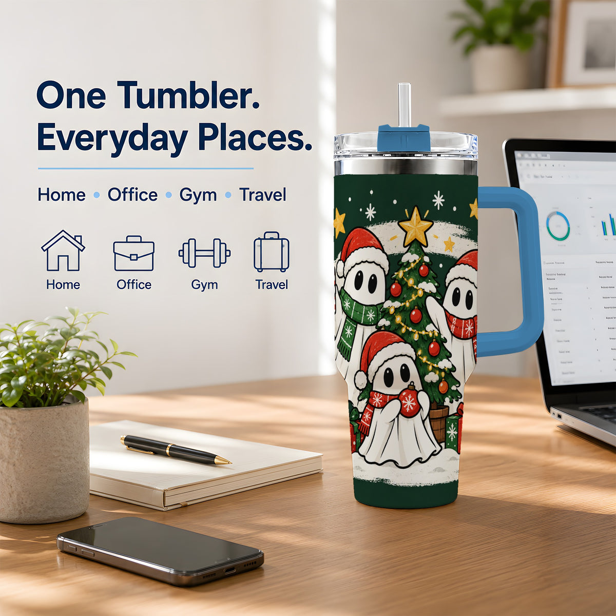 #pl[40oz|Blue] Christmas Ghost 40oz Tumbler, Playful Winter Ghost Artwork