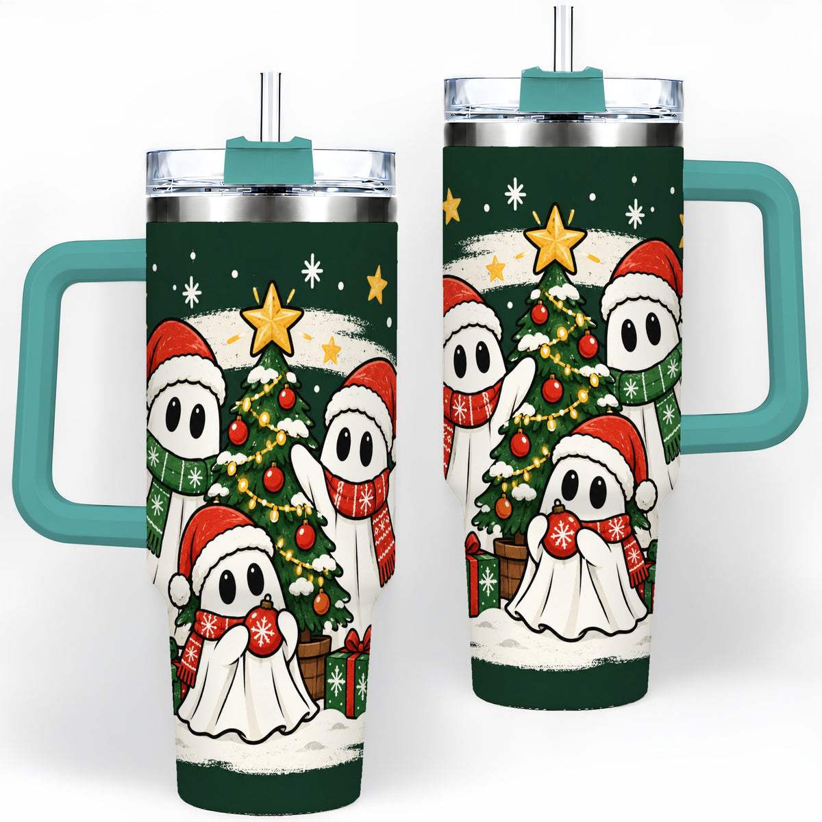 #pl[40oz|Green] Christmas Ghost 40oz Tumbler, Playful Winter Ghost Artwork