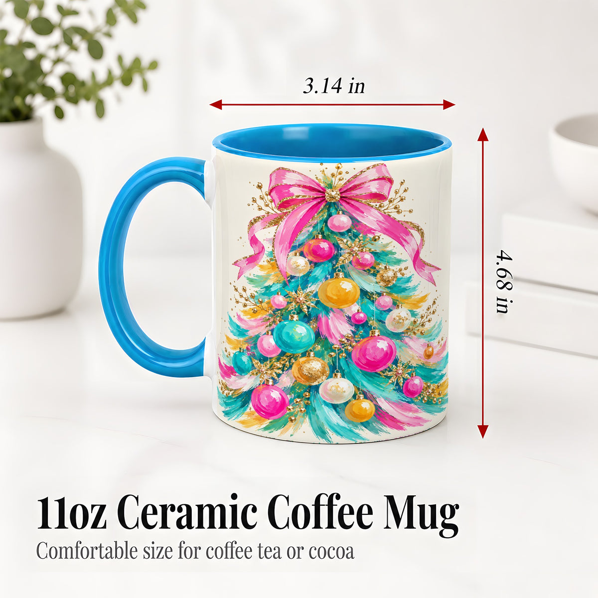 #pl[11oz|Blue] Pink Bow Christmas Tree Ceramic Mug, Colorful Holiday Artwork