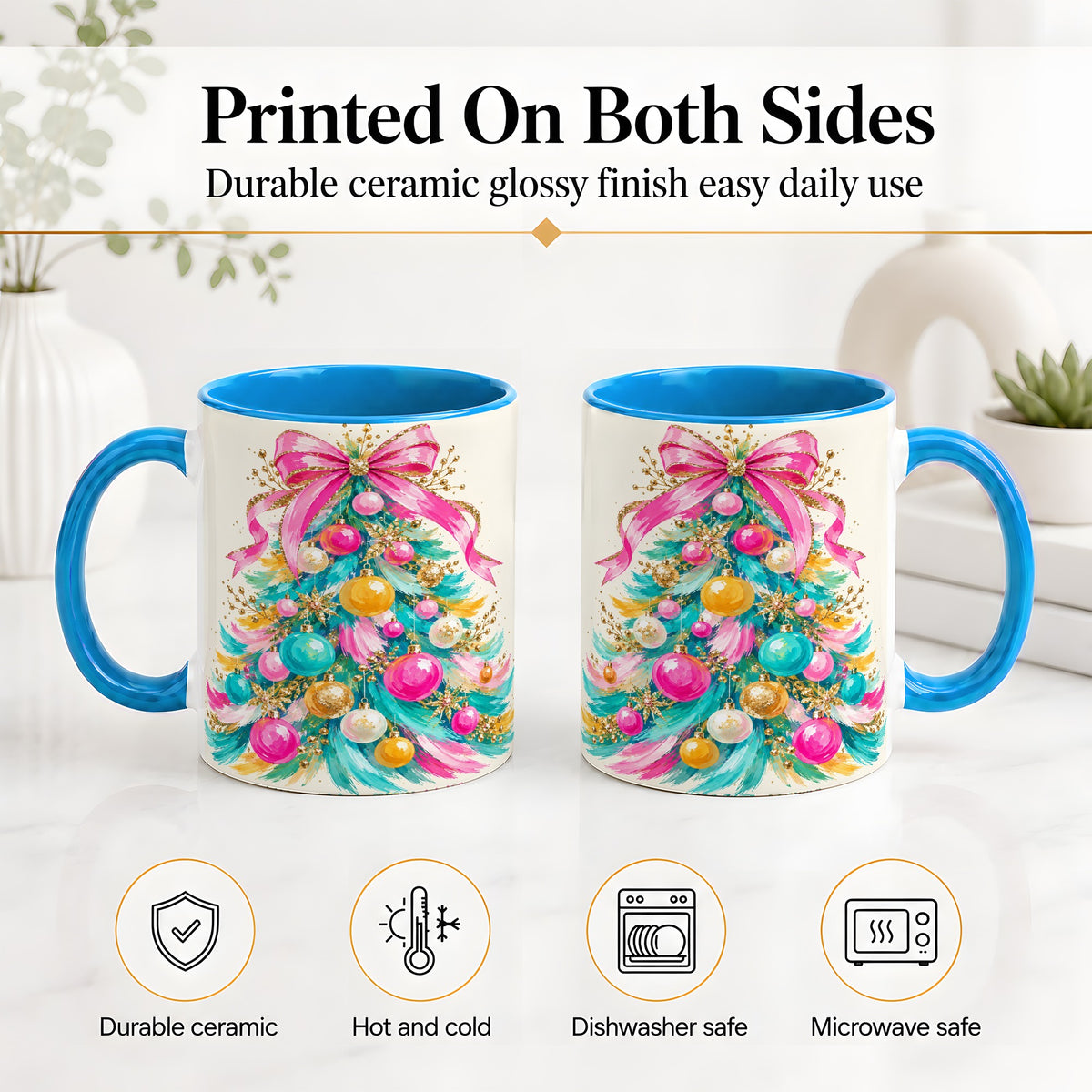 #pl[11oz|Blue] Pink Bow Christmas Tree Ceramic Mug, Colorful Holiday Artwork