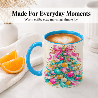 #pl[11oz|Blue] Pink Bow Christmas Tree Ceramic Mug, Colorful Holiday Artwork