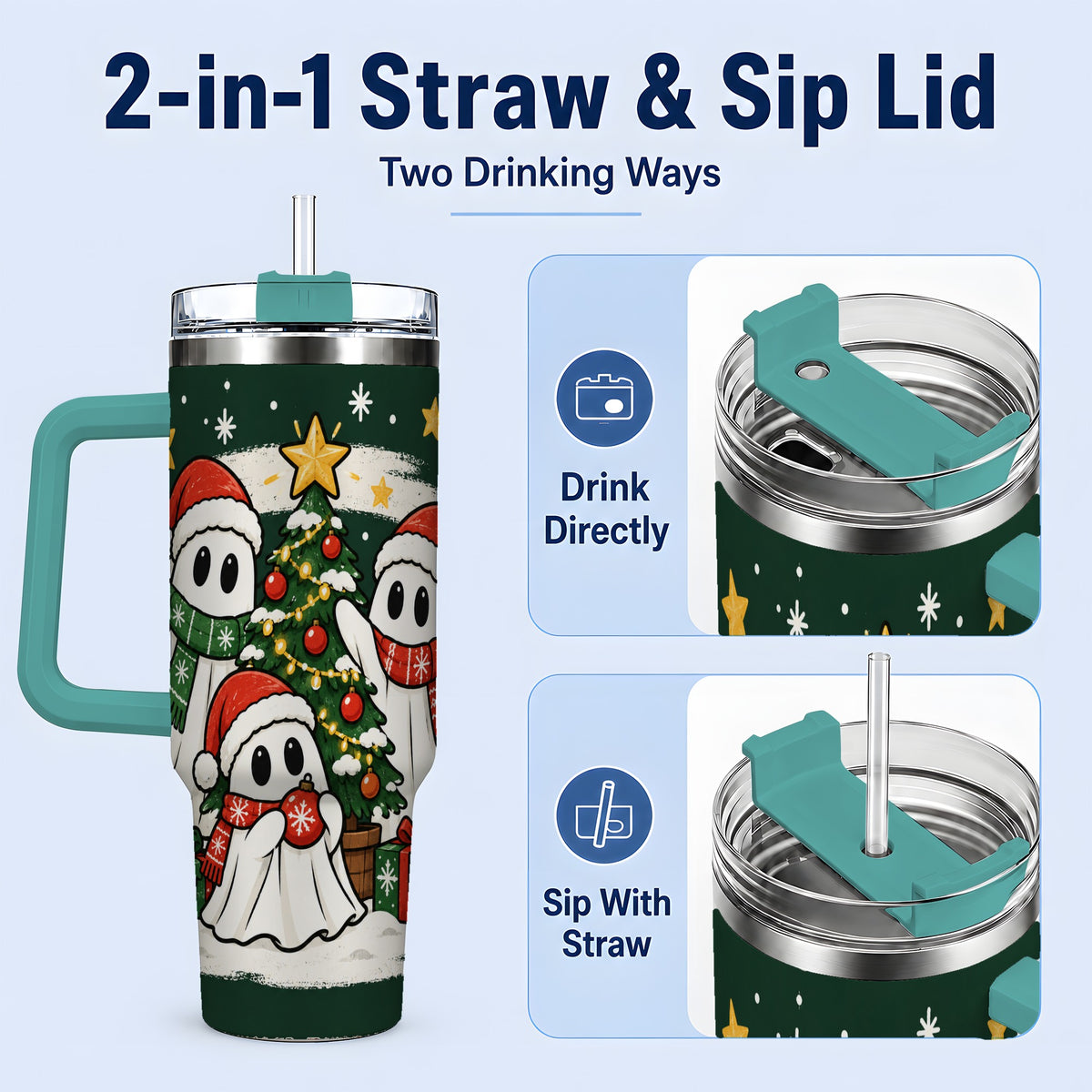 #pl[40oz|Green] Christmas Ghost 40oz Tumbler, Playful Winter Ghost Artwork