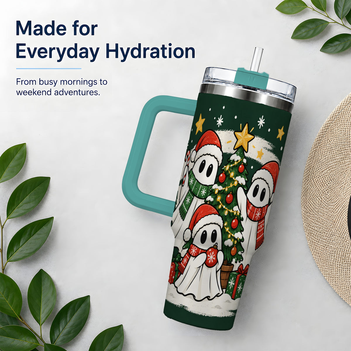 #pl[40oz|Green] Christmas Ghost 40oz Tumbler, Playful Winter Ghost Artwork