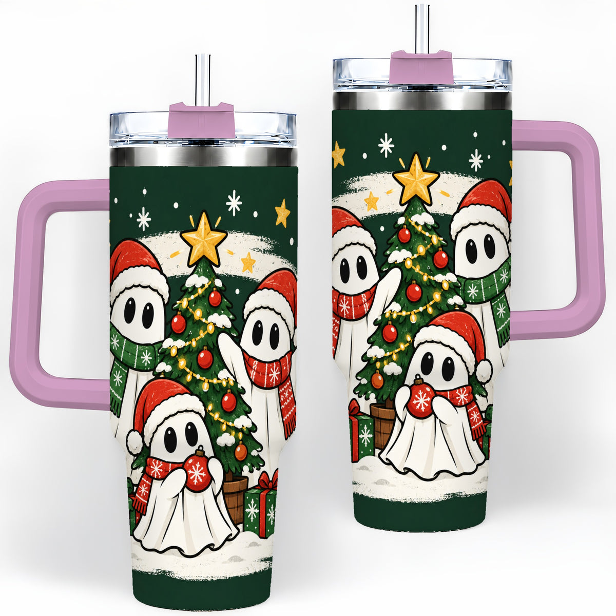#pl[40oz|Pink] Christmas Ghost 40oz Tumbler, Playful Winter Ghost Artwork
