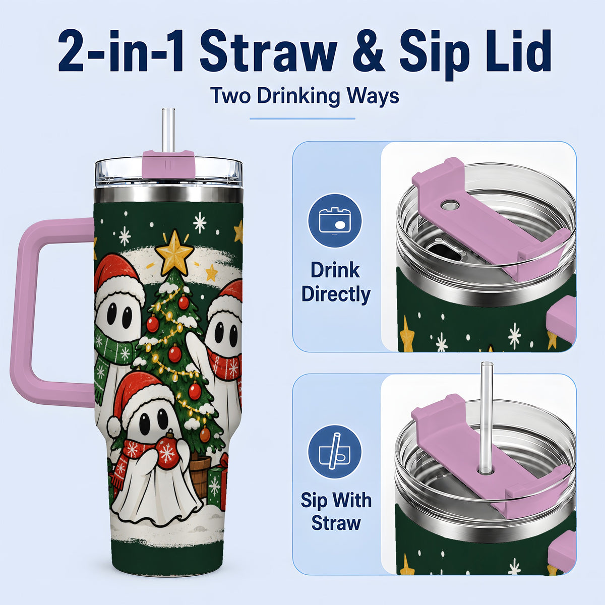 #pl[40oz|Pink] Christmas Ghost 40oz Tumbler, Playful Winter Ghost Artwork