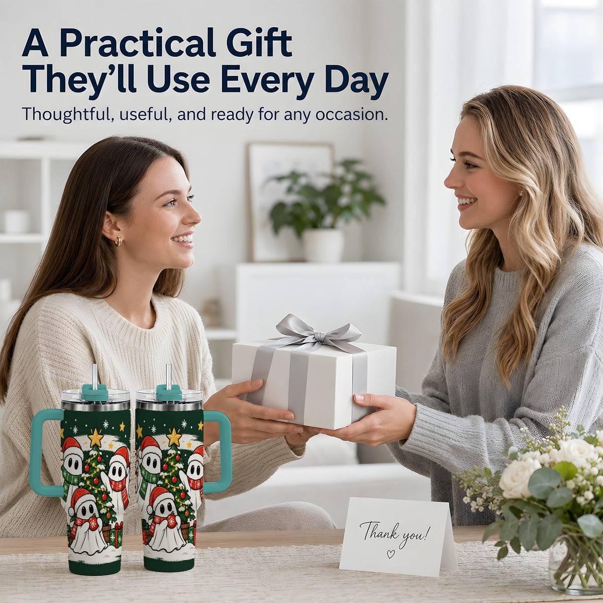 #pl[40oz|Green] Christmas Ghost 40oz Tumbler, Playful Winter Ghost Artwork