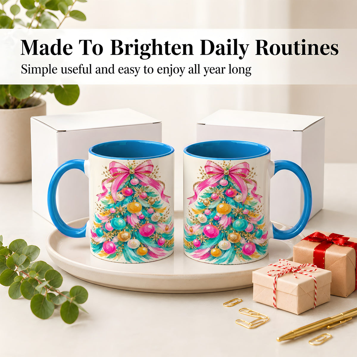 #pl[11oz|Blue] Pink Bow Christmas Tree Ceramic Mug, Colorful Holiday Artwork