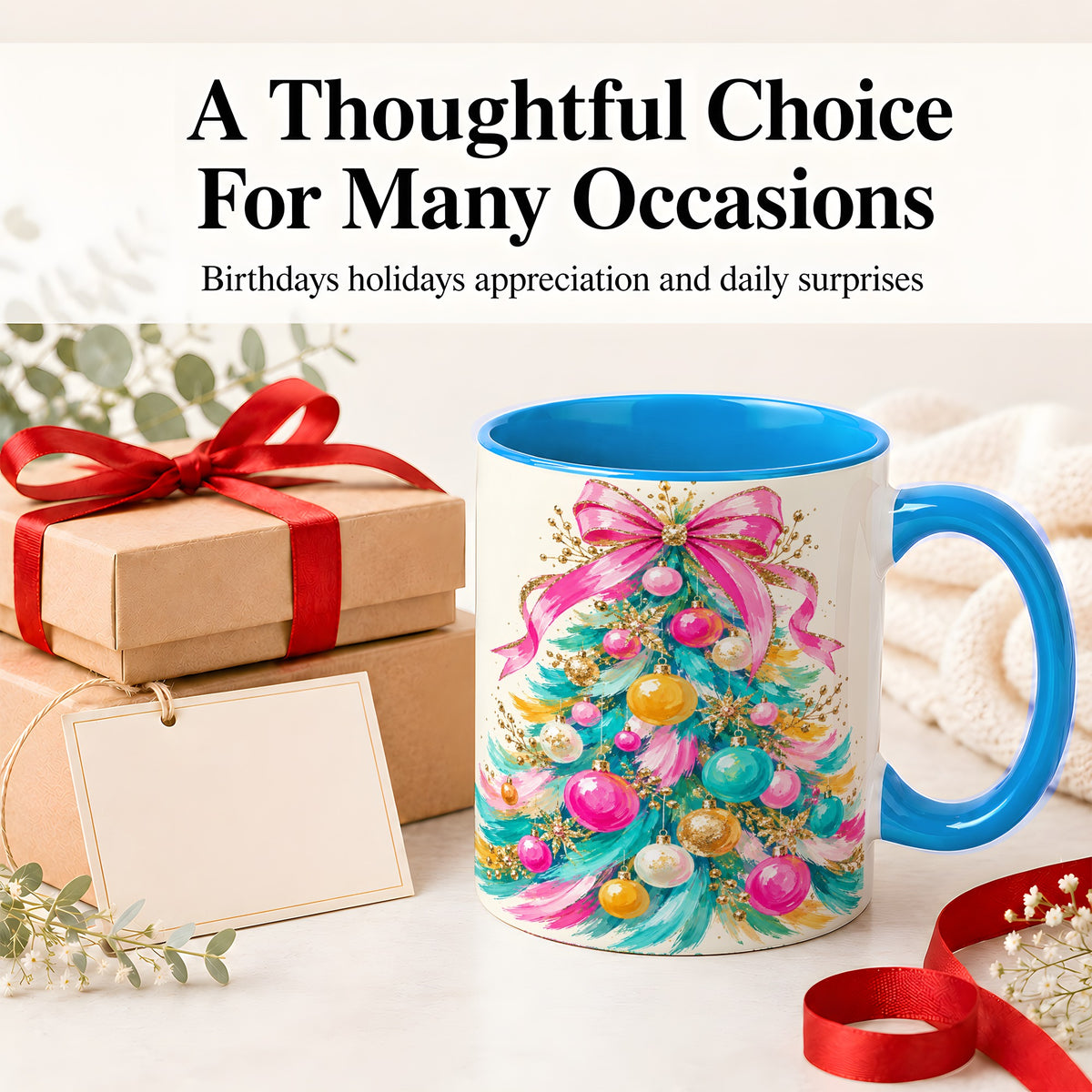 #pl[11oz|Blue] Pink Bow Christmas Tree Ceramic Mug, Colorful Holiday Artwork