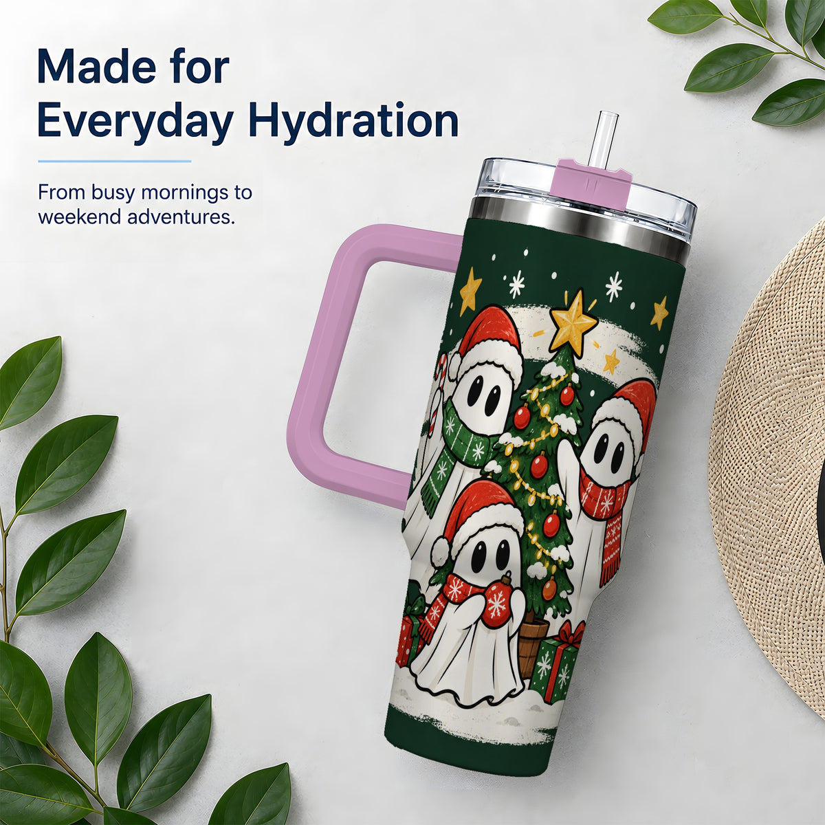#pl[40oz|Pink] Christmas Ghost 40oz Tumbler, Playful Winter Ghost Artwork