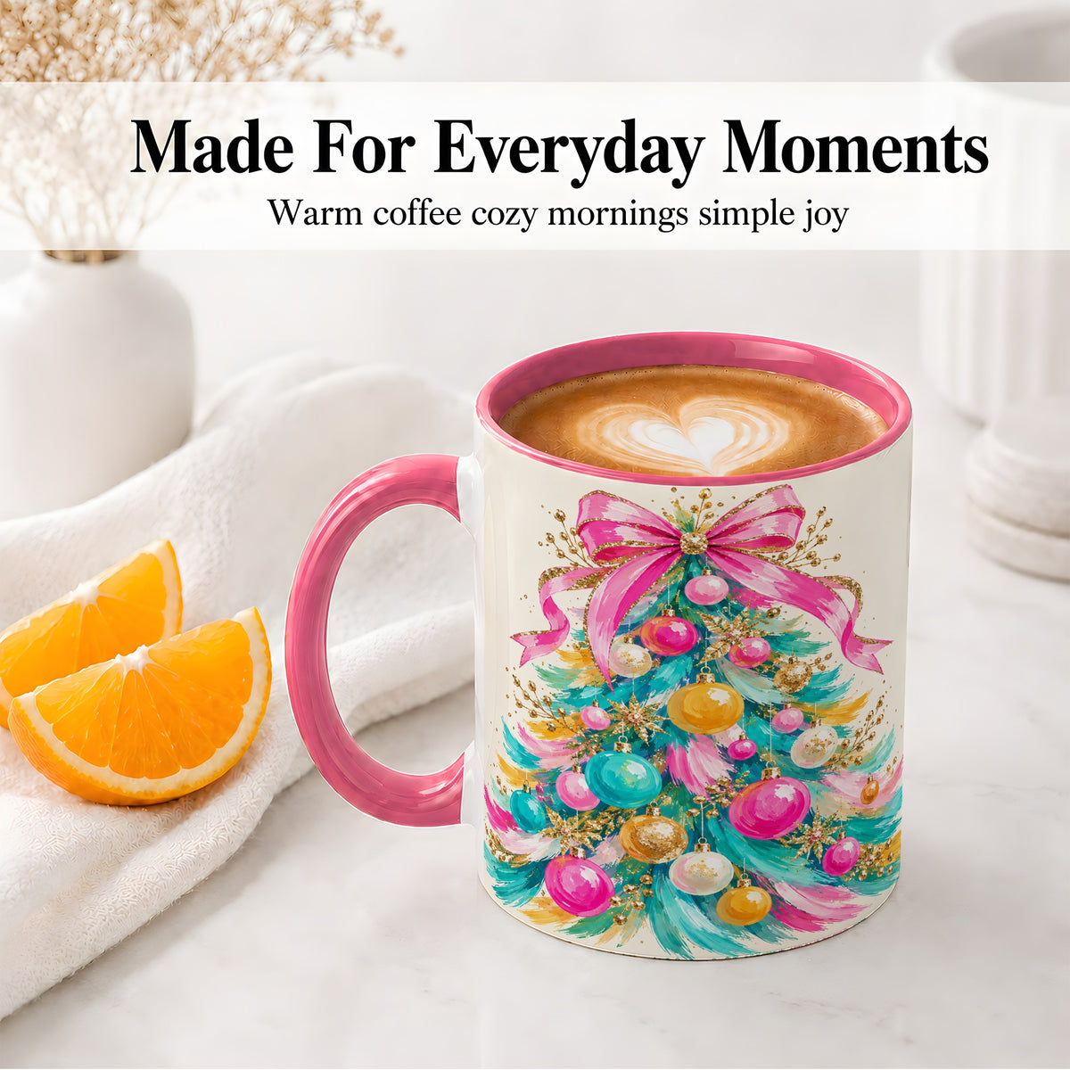 #pl[11oz|Pink] Pink Bow Christmas Tree Ceramic Mug, Colorful Holiday Artwork