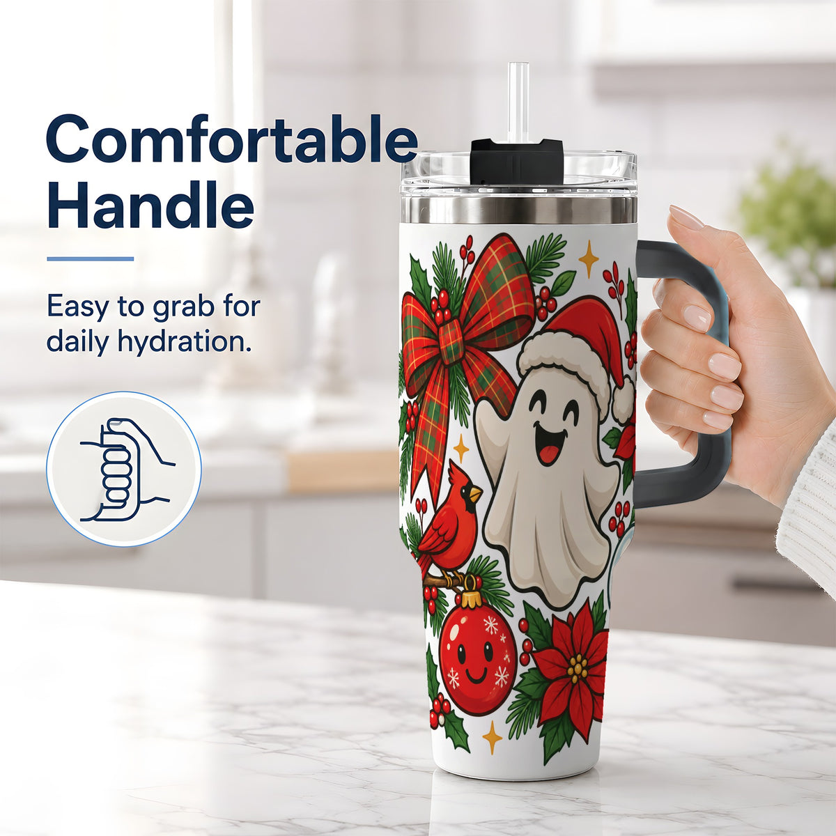#pl[40oz|Black] Christmas Ghost 40oz Tumbler, Festive Floral Winter Artwork
