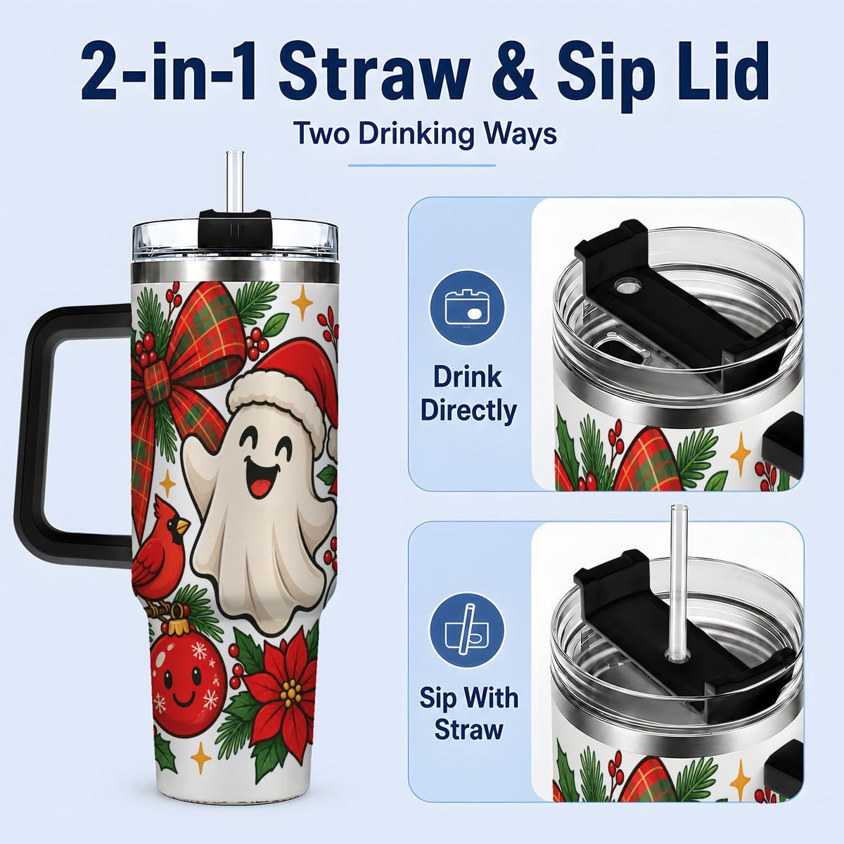 #pl[40oz|Black] Christmas Ghost 40oz Tumbler, Festive Floral Winter Artwork