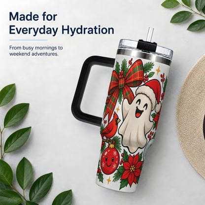 #pl[40oz|Black] Christmas Ghost 40oz Tumbler, Festive Floral Winter Artwork