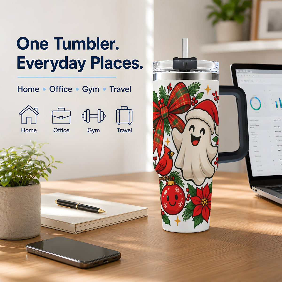 #pl[40oz|Black] Christmas Ghost 40oz Tumbler, Festive Floral Winter Artwork