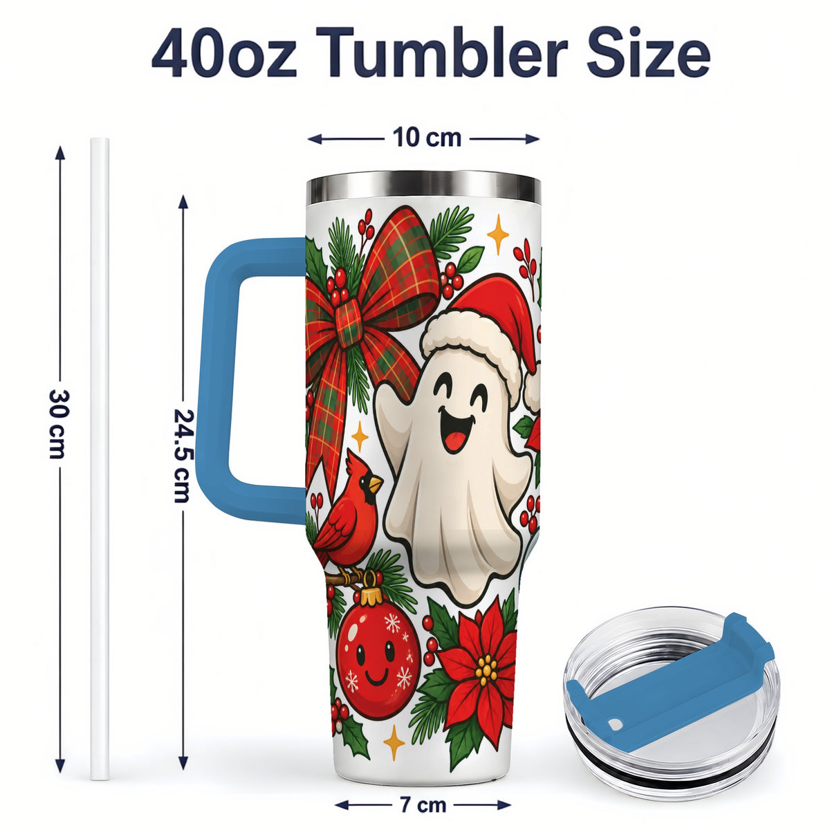 #pl[40oz|Blue] Christmas Ghost 40oz Tumbler, Festive Floral Winter Artwork