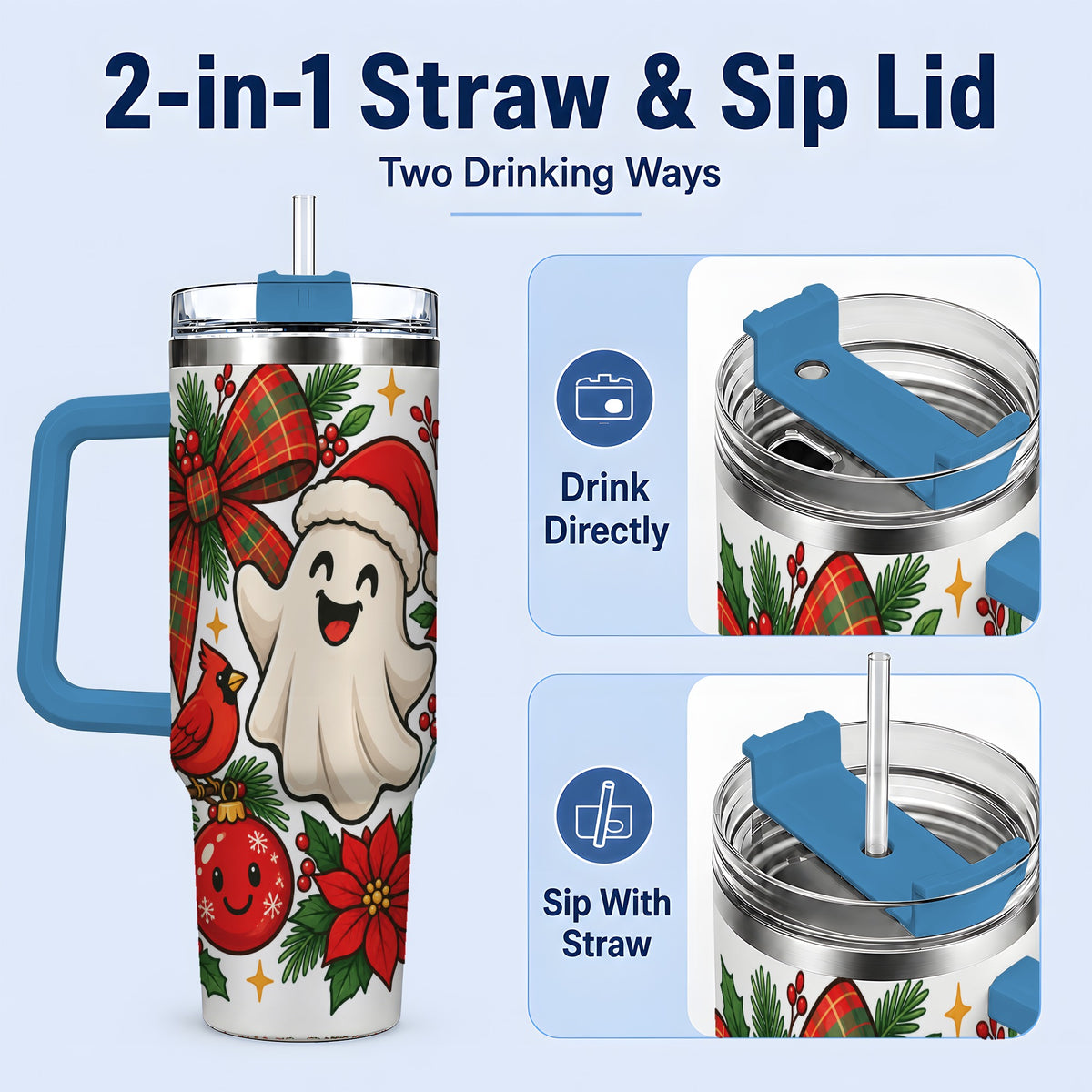 #pl[40oz|Blue] Christmas Ghost 40oz Tumbler, Festive Floral Winter Artwork