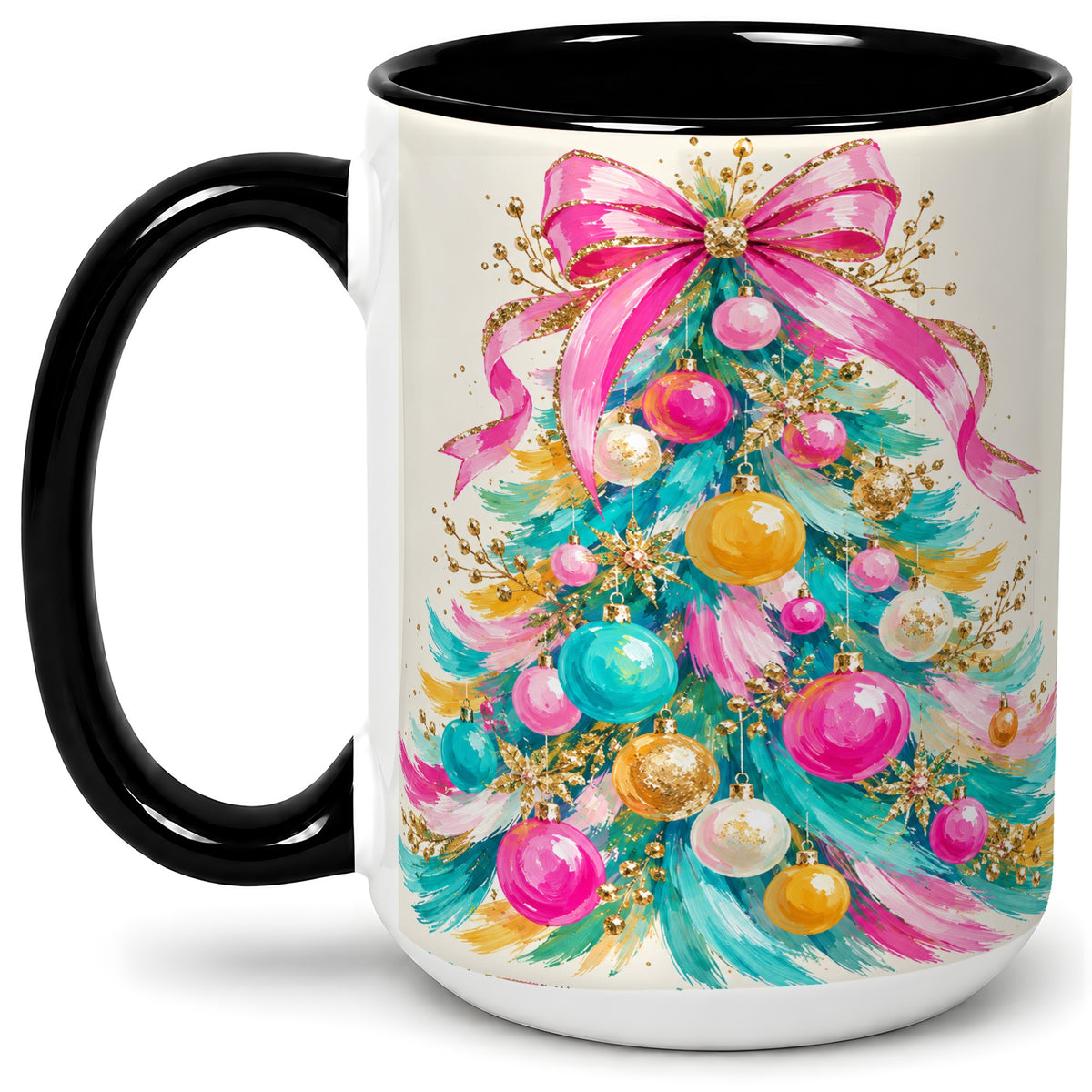 #pl[15oz|Black] Pink Bow Christmas Tree Ceramic Mug, Colorful Holiday Artwork