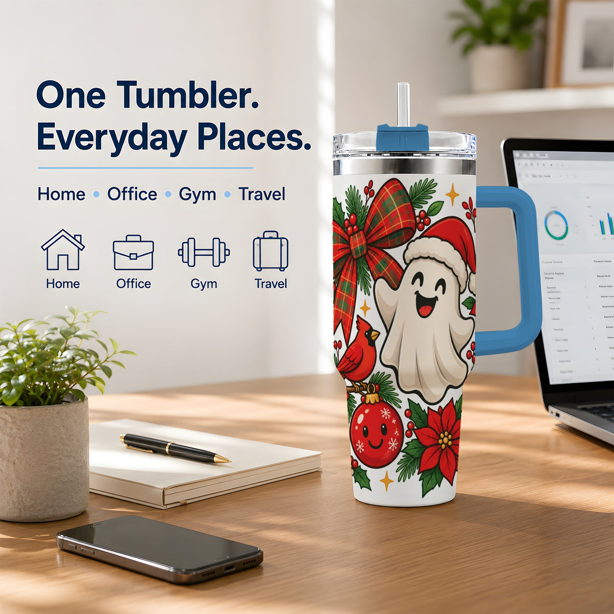 #pl[40oz|Blue] Christmas Ghost 40oz Tumbler, Festive Floral Winter Artwork