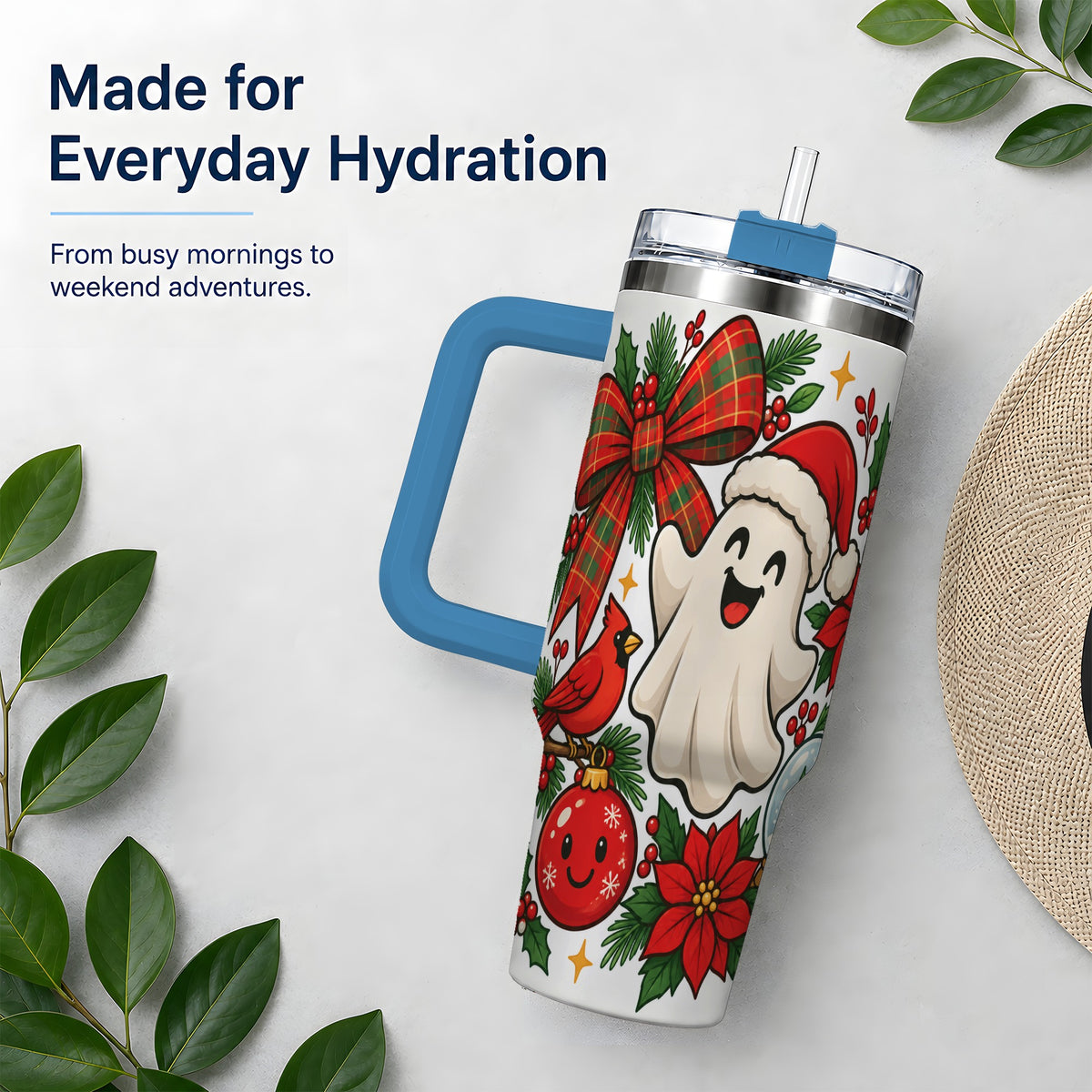 #pl[40oz|Blue] Christmas Ghost 40oz Tumbler, Festive Floral Winter Artwork