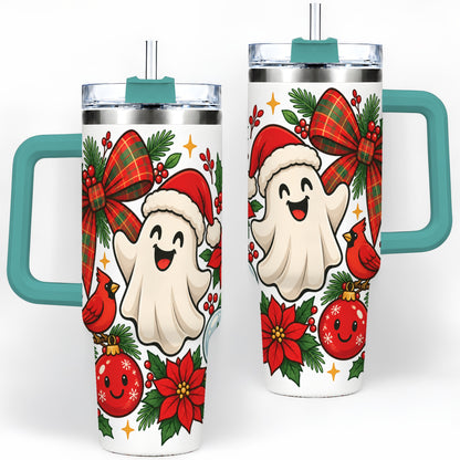 #pl[40oz|Green] Christmas Ghost 40oz Tumbler, Festive Floral Winter Artwork