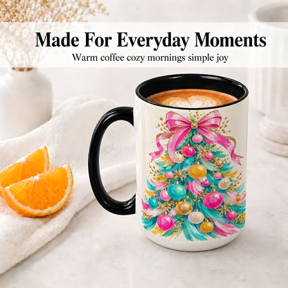 #pl[15oz|Black] Pink Bow Christmas Tree Ceramic Mug, Colorful Holiday Artwork