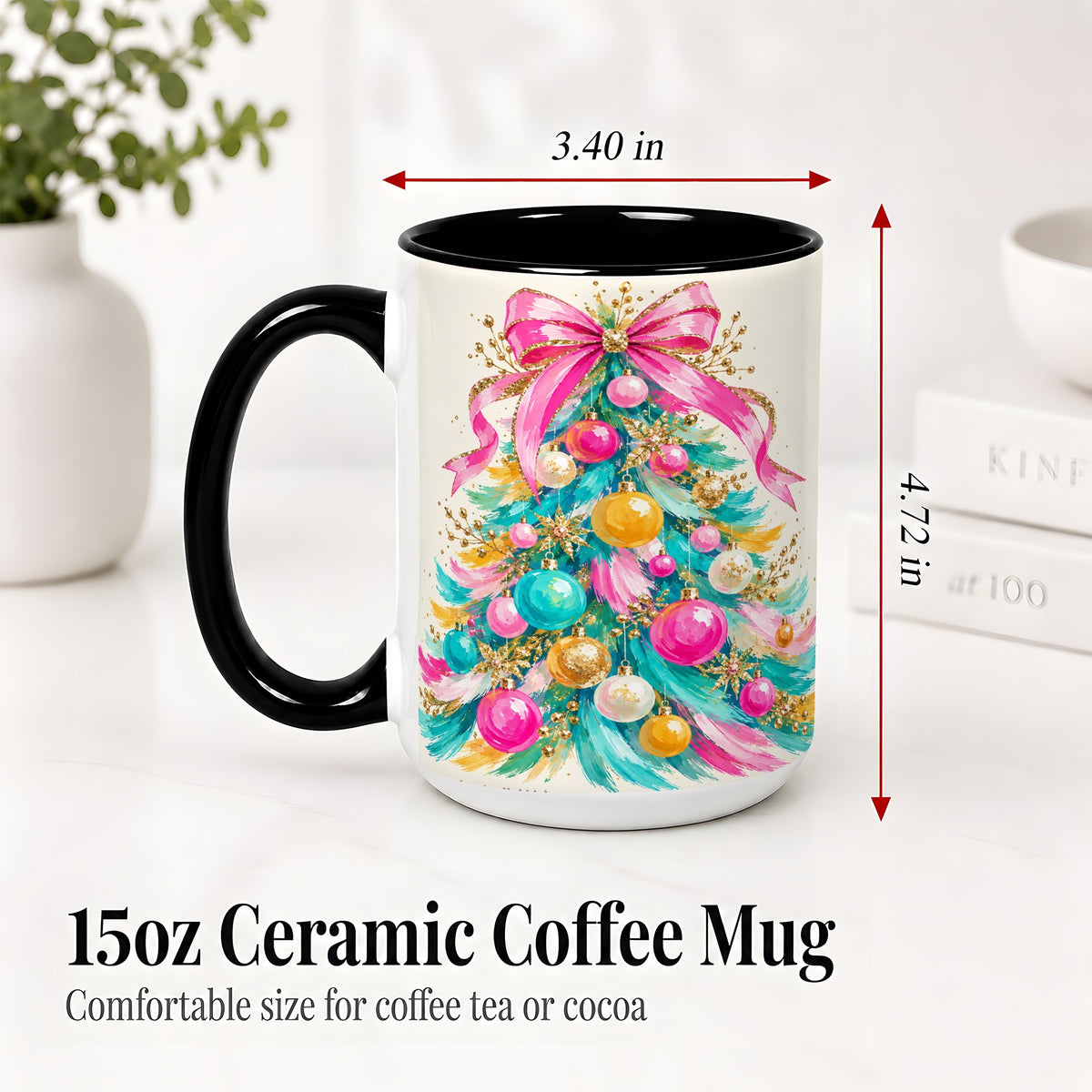 #pl[15oz|Black] Pink Bow Christmas Tree Ceramic Mug, Colorful Holiday Artwork