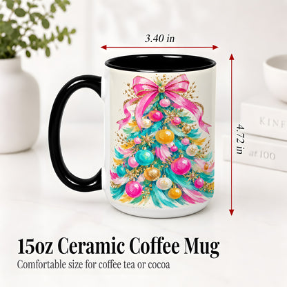 #pl[15oz|Black] Pink Bow Christmas Tree Ceramic Mug, Colorful Holiday Artwork