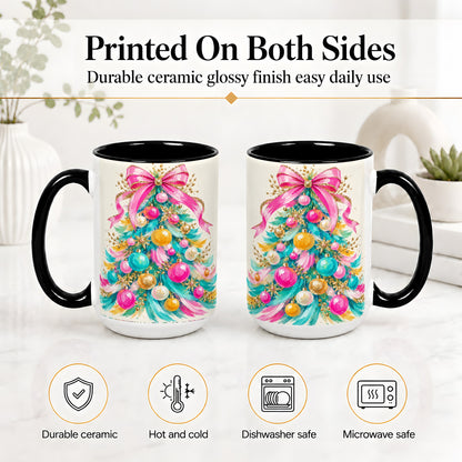 #pl[15oz|Black] Pink Bow Christmas Tree Ceramic Mug, Colorful Holiday Artwork