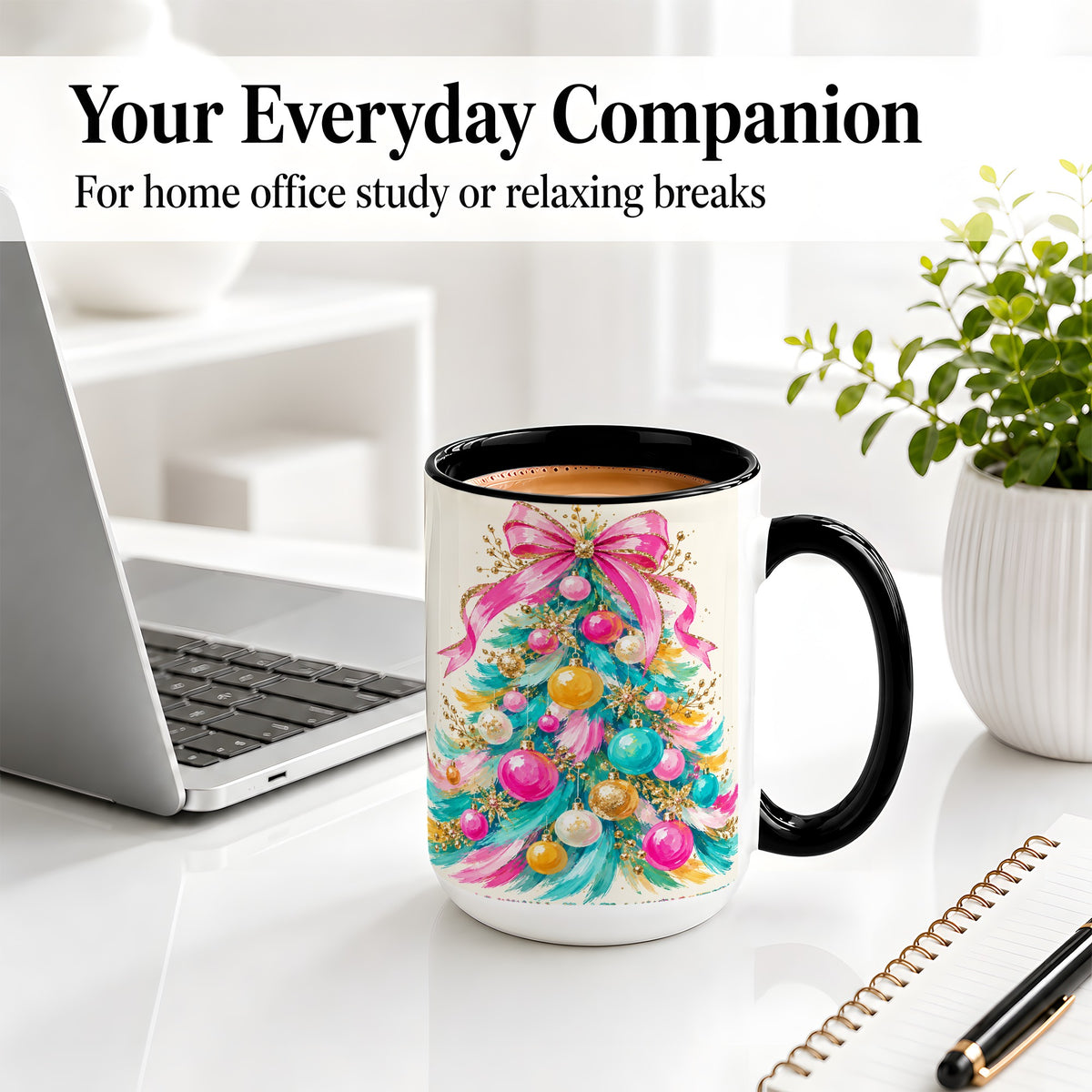 #pl[15oz|Black] Pink Bow Christmas Tree Ceramic Mug, Colorful Holiday Artwork