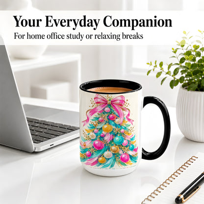 #pl[15oz|Black] Pink Bow Christmas Tree Ceramic Mug, Colorful Holiday Artwork