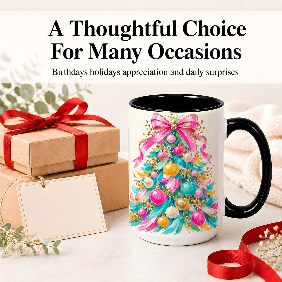 #pl[15oz|Black] Pink Bow Christmas Tree Ceramic Mug, Colorful Holiday Artwork