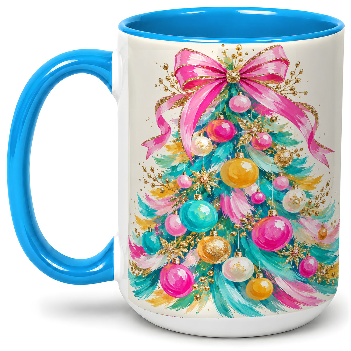 #pl[15oz|Blue] Pink Bow Christmas Tree Ceramic Mug, Colorful Holiday Artwork