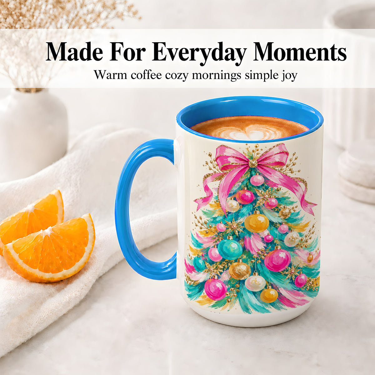 #pl[15oz|Blue] Pink Bow Christmas Tree Ceramic Mug, Colorful Holiday Artwork