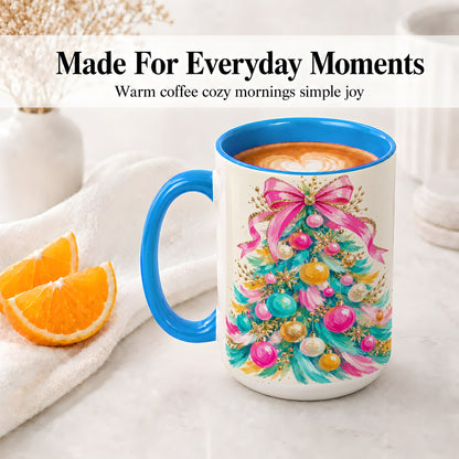 #pl[15oz|Blue] Pink Bow Christmas Tree Ceramic Mug, Colorful Holiday Artwork