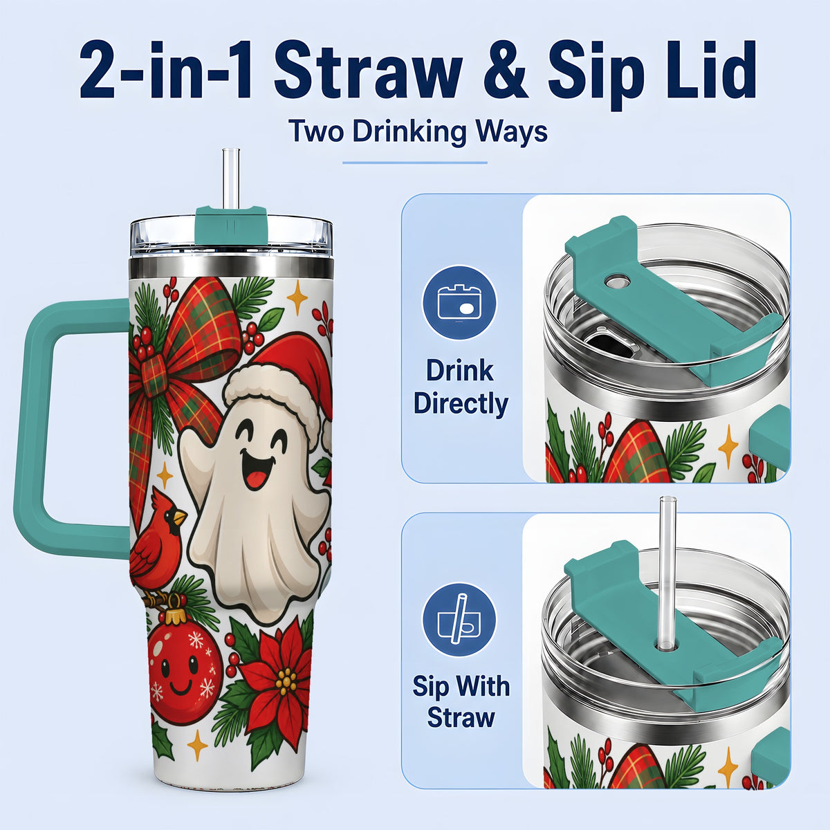 #pl[40oz|Green] Christmas Ghost 40oz Tumbler, Festive Floral Winter Artwork